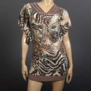 Y2K Animal Print Tunic Top Micro Mini Dress Size S Sequin Butterfly Mcbling